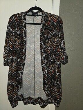 eye candy Black Geometric Open-Front Cardigan with Brown and Cream Accents